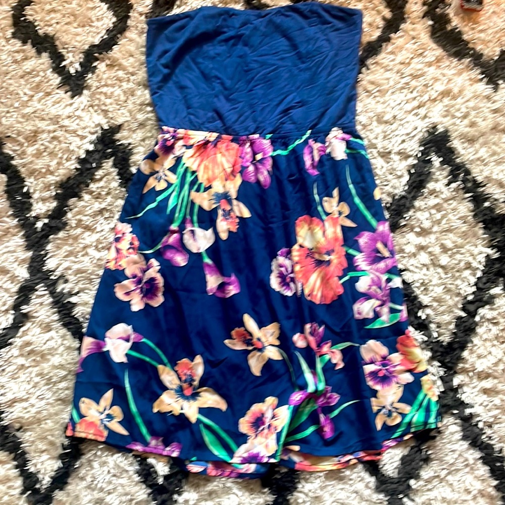 Navy and Floral Strapless Dress